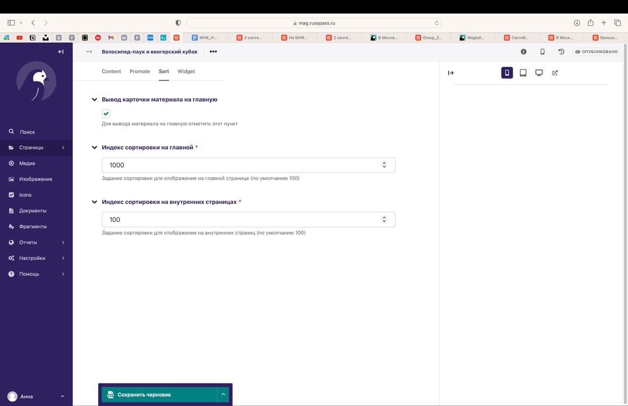 Админ-панель Wagtail CMS — верстка материала изнутри редакции